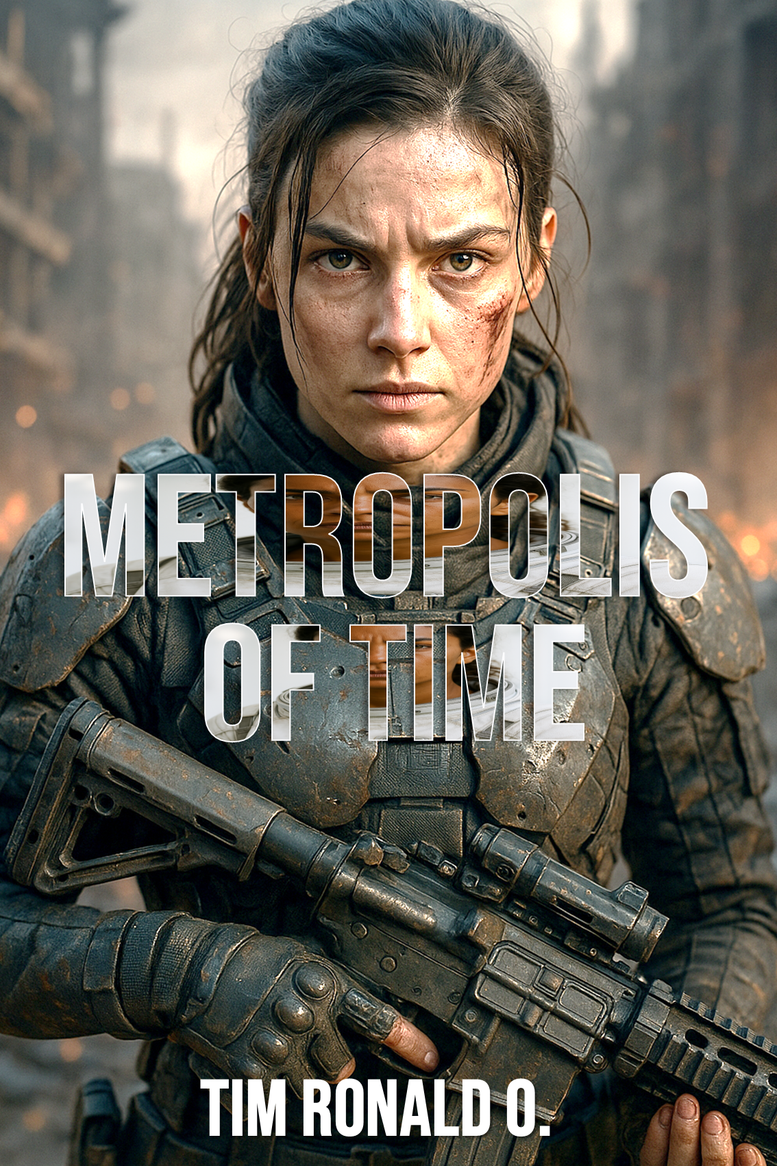 Metropolis of Time Alternate Cover image-3 Woman with braid standing in futuristic cityscape on sci-fi book poster for Metropolis of Time