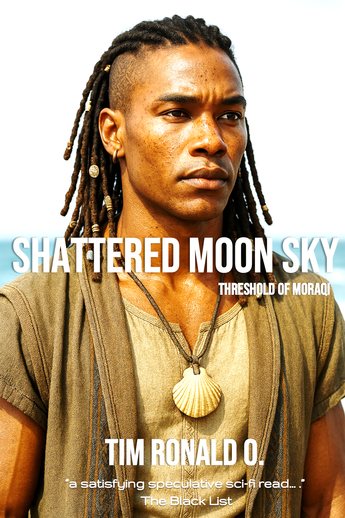 Shatered Moon Sky Cover image 1 Woman with braid standing in futuristic cityscape on sci-fi book poster for Metropolis of Time